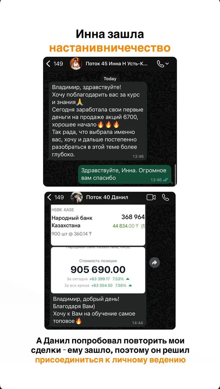 Инна, поток 45, заработала первые деньги на акциях; Данил, поток 40, повторил сделки